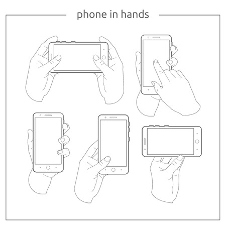 Phone in hands in different positions by linesのイラスト素材