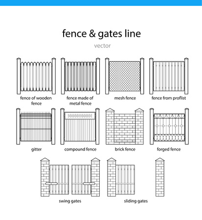 Set fence and gates vector linesのイラスト素材