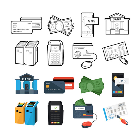 Set of icons Payment methods for lines and a flat vectorのイラスト素材