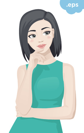 A young woman looks away thoughtfully. The girl raised her hands to her chin and dreams.のイラスト素材