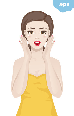 A young woman is pleasantly surprised and happy. The girl opened her mouth, her face in surprise.のイラスト素材