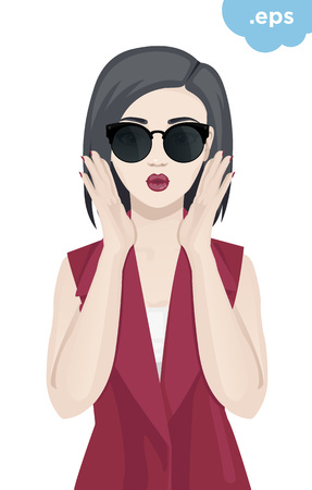 Fashionable young woman wearing sunglasses. A girl is holding her hands in front of her lips with a dodgy kiss.のイラスト素材