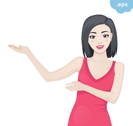 Young girl shows hands aside. The model demonstrates and attends paying attention to.のイラスト素材