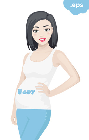 Pregnant girl smiling. Happy woman with belly posing and waiting for babyのイラスト素材
