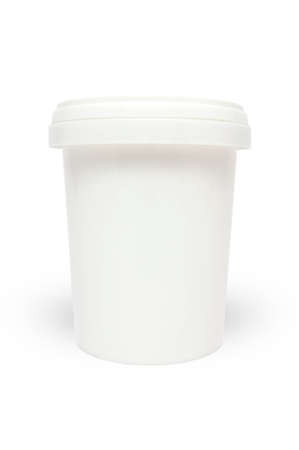 White plastic fastfood cup with cover on isolatedの写真素材