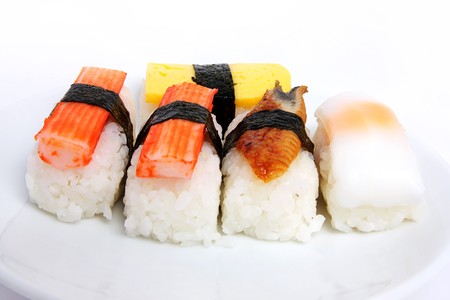 various types of japanese sushi on plateの写真素材