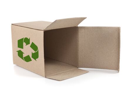 Green recycle sign on open paper boxの写真素材