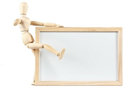 Mannequin and blank whiteboard message on white backgroundの写真素材