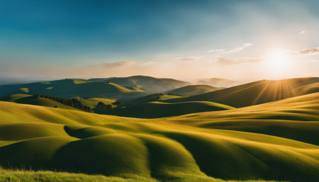 Panoramic view of endless grassy hills undulating beneath a bright blue sky dotted with fluffy white clouds. The scene is bathed in golden sunlight, with the shadows of the clouds creating subtle contrasts on the hills. The vast, open landscape feels untouched and serene, inviting viewers to experience the tranquility of nature.の素材