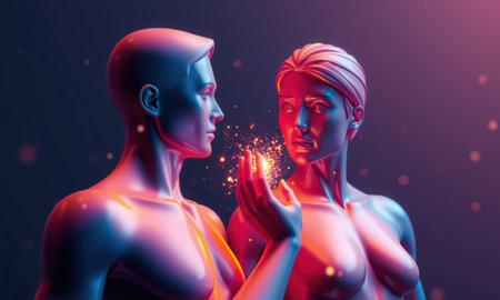 Two digital human figures interacting with glowing particles, showcasing connection between them. vibrant colors and lighting create captivating atmosphere.の素材