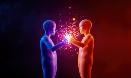 Two digital human figures exchanging energy in vibrant cosmic setting, showcasing connection and unity. scene is illuminated with colorful sparks and mystical atmosphere.の素材