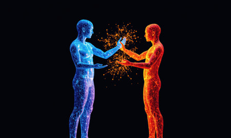 Two digital human figures, one blue and one red, interact with energy between them, symbolizing connection and technology.の素材