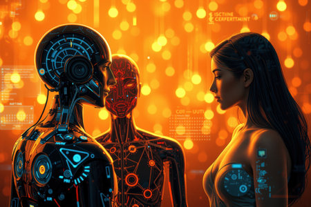 A futuristic scene with human and two humanoid robots interacting, surrounded by glowing digital interfaces and orange lights, suggesting advanced technology and AI integrationの素材