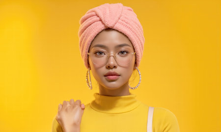 A woman wearing pink headband and glasses stands against vibrant yellow background, exuding confidence and styleの素材