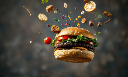 delicious burger with fresh ingredients, floating with toppings and spices, creating appetizing scene.の素材