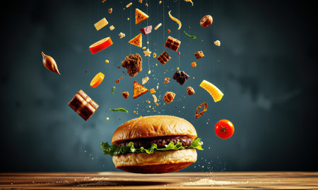 delicious burger surrounded by floating ingredients, showcasing variety of textures and colors, creating appetizing visual feast.の素材