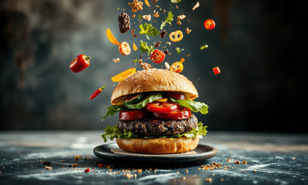 delicious burger with fresh ingredients, including lettuce, tomatoes, and peppers, is topped with flying toppings, creating vibrant and appetizing scene.の素材