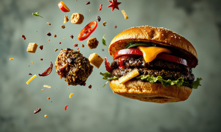 delicious burger with cheese, lettuce, and tomatoes, surrounded by flying ingredients, creating dynamic and appetizing scene.の素材