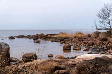 rocky coast of Baltic sea in Latvia in spring. long exposureの写真素材