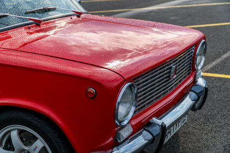 Vintage red car on the road. Close-up view. Lada VAZ 2101の写真素材