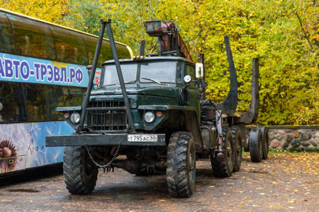 Old military forest Ural truck in Pskov