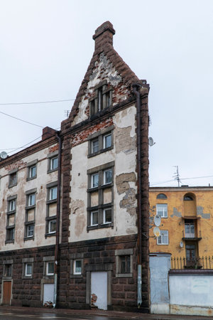 Old brick flat house in the old town of Vyborg, Russiaの写真素材