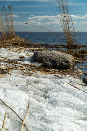 Frozen lake shore with ice blocks and dry grass under blue skyの写真素材