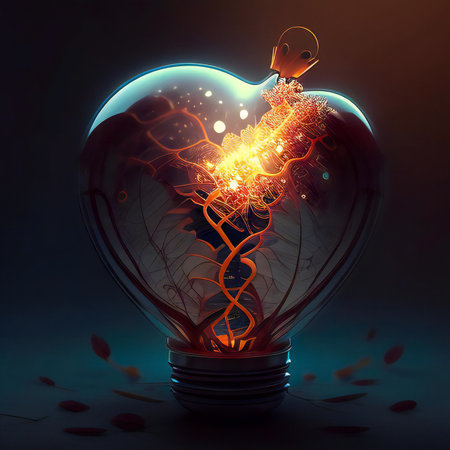 Human heart in a lightbulb on a dark background. 3d renderingの素材