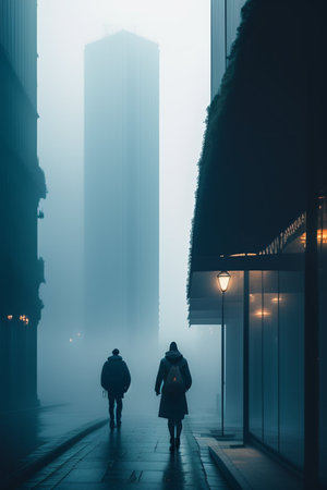 Silhouette of two people walking in a foggy street.の素材