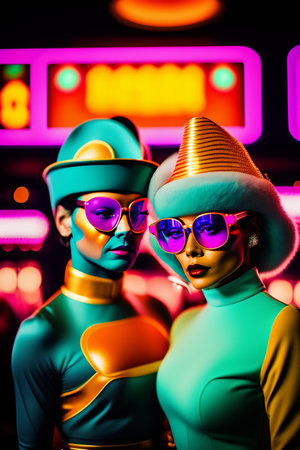 Portrait of two female robots in the neon lights of a casinoの素材