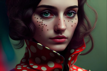 Portrait of a beautiful girl in a red polka dot dress.の素材