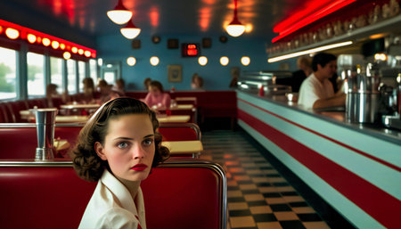 Portrait of a beautiful young woman in a restaurant. Retro style.の素材