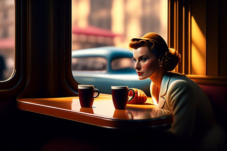 Beautiful woman drinking coffee in a cafe. 3d rendering.の素材