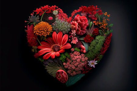 Heart made of flowers on black background. Valentine's day card.の素材