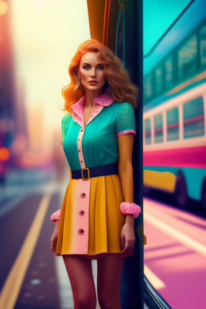 3d illustration of a beautiful woman standing in a bus stop.の素材