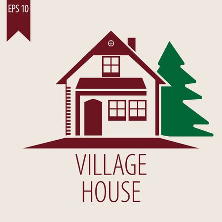 Burgundy icon village house and treesのイラスト素材