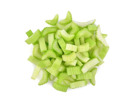 Heap of sliced celery isolated on white background. Top viewの写真素材