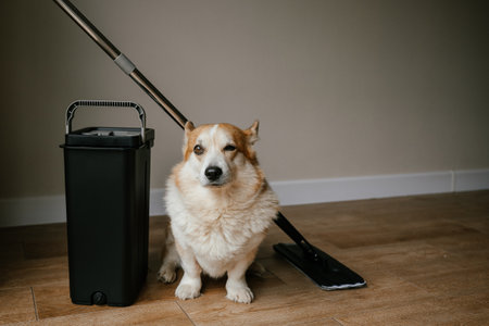 Corgi Dog with Mop and Bucket on Wooden Floor