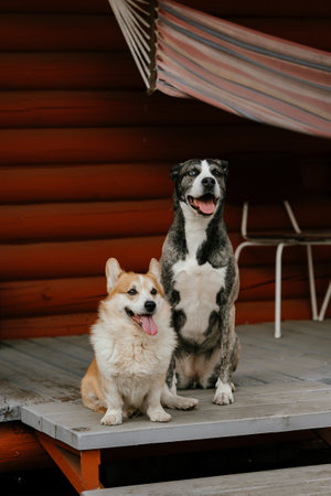 Two Happy Dogs Relaxing on Porch Near Hammock