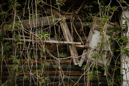 a log wall of an abandoned building overgrown with grape vinesの写真素材