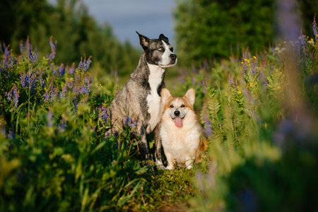 Two Dogs Relaxing in Flower Meadow on Sunny Dayの写真素材