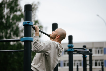 Man Performing Pull-Up on Outdoor Fitness Equipment