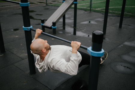 Man Exercising on Outdoor Fitness Equipment Under Cloudy Sky