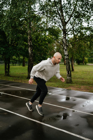Man Running on Wet Outdoor Track in Hoodieの写真素材