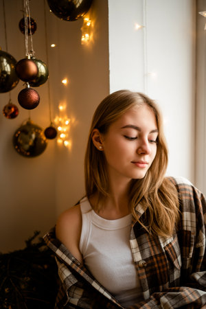 Young Woman Relaxing by Window During Festive Seasonの写真素材