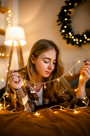 Woman relaxing at home with festive Christmas lightsの写真素材
