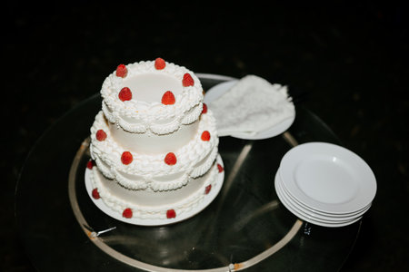 Elegant Three-Tier Wedding Cake with Raspberries