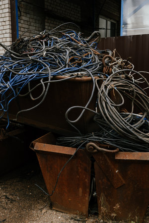 Pile of Discarded Electrical Cables in Rusted Containersの写真素材