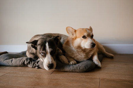 Two Dogs Relaxing Together on a Comfy Cushionの写真素材