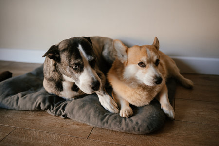 Two Dogs Relaxing Together on a Comfy Cushionの写真素材
